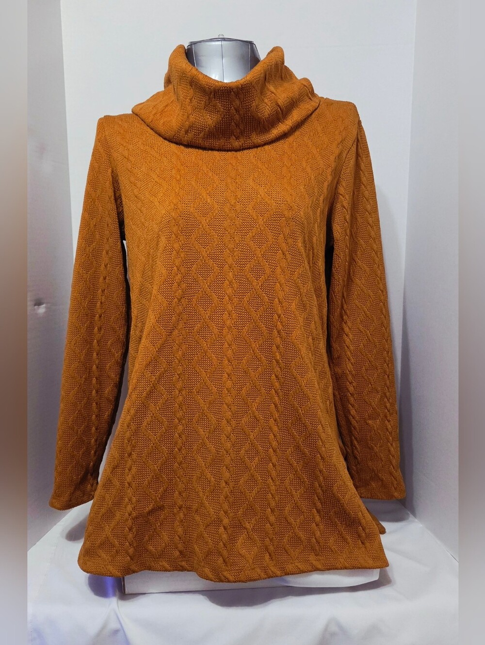 PURE Essence Women's Turtleneck Cable Knit Swing Sweater Mustard Brown Size: Med
